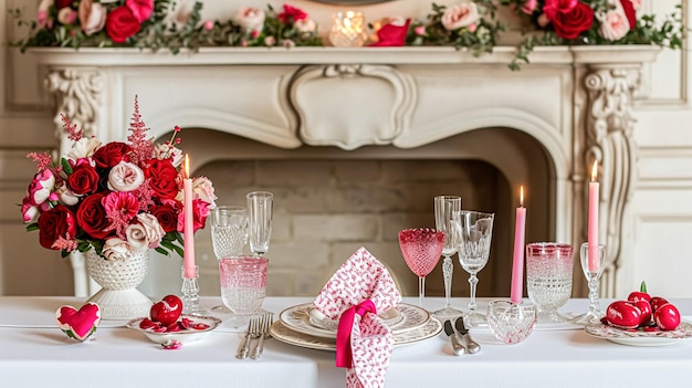 Valentijnsdag tafel landschap en tafel decor romantische tafel inrichting met bloemen formeel diner en datum prachtige bestek en servies