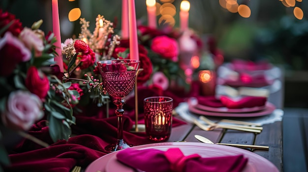 Valentijnsdag tafel landschap en tafel decor romantische tafel inrichting met bloemen formeel diner en datum prachtige bestek en servies