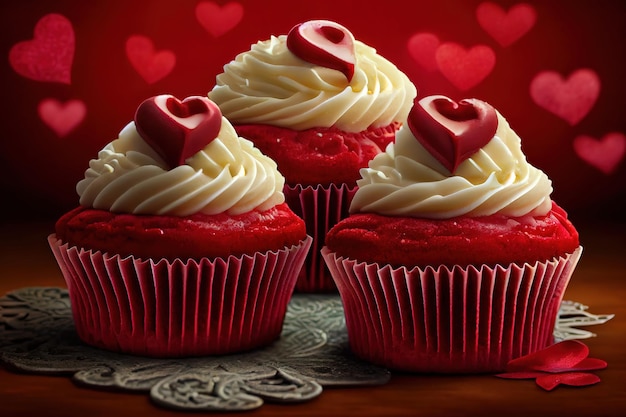 Valentijnsdag thema rode fluwelen cupcakes met liefjes Generatieve Ai