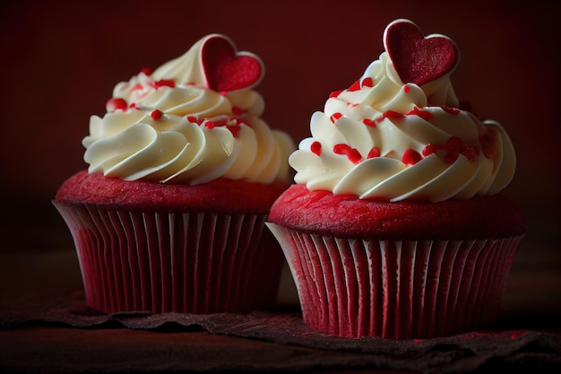 Valentijnsdag thema rode fluwelen cupcakes met liefjes Generatieve Ai