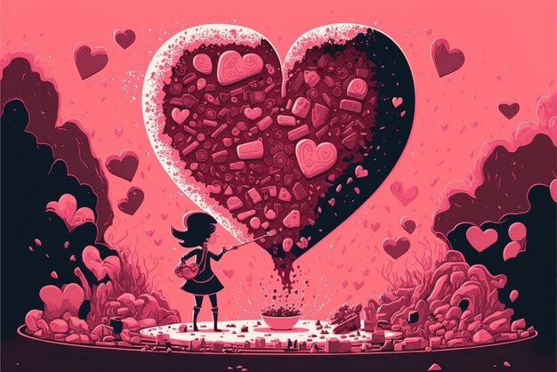Valentijnsdag thema romantisch meisje verliefd hart met snoep illustratie