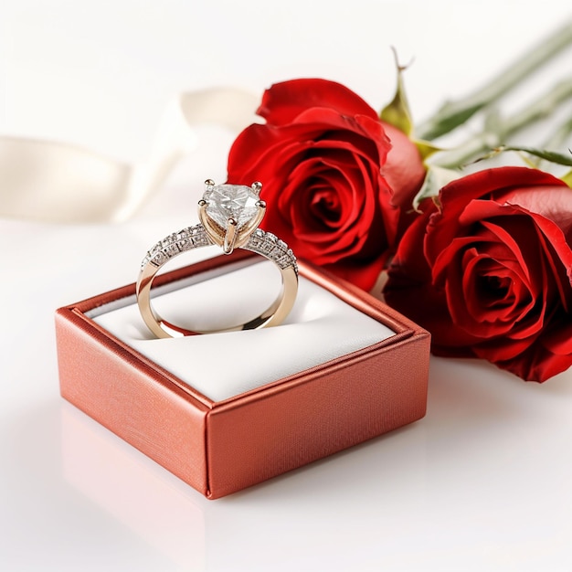 Valentijnsdag, trouw met me, verlovingsring in de doos met rode rozen op witte achtergrond.