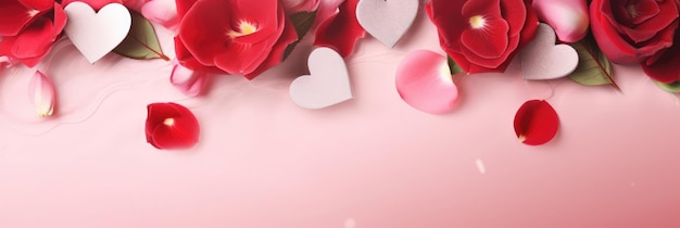 Valentijnsdag trouwbanner met abstracte geïllustreerde rode roze vliegende harten bloemen op roze ba