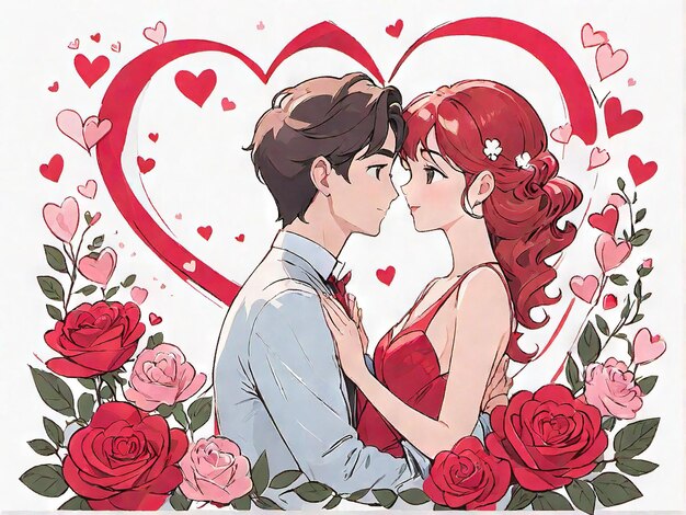 Valentijnsdag verliefd koppel schrijven een jongen en een meisje op een romantische date hart en bloemen