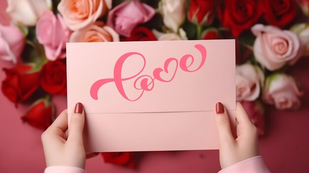 Valentijnsdag wenskaart in vrouw hand envelop voor Valentijnsdag wenskaart rozen