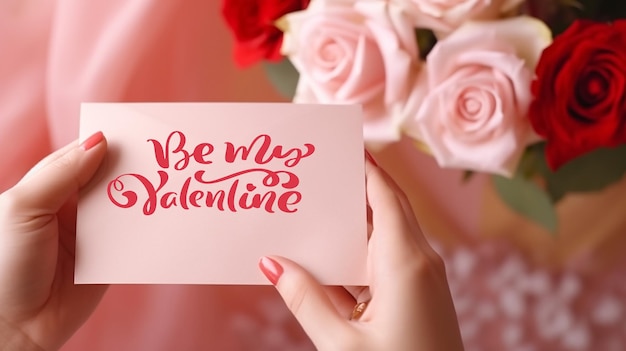 Valentijnsdag wenskaart in vrouw hand envelop voor Valentijnsdag wenskaart rozen