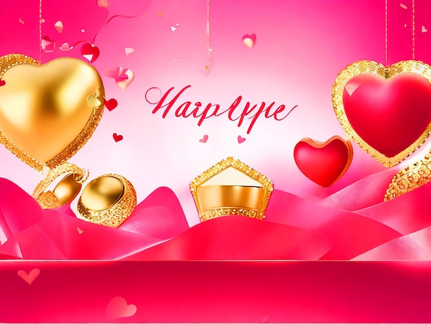 Valentijnsdagbanner met 3d rode hartballonnen gouden metalen vormen en gloeilampen op roze achtergrond