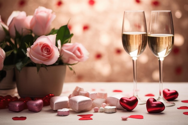 Valentijnsdagviering met champagne bokeh achtergrond Generatieve AI