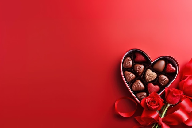 Foto valentijnskaart met chocolade snoepjes en rode rozen bloemen generatieve ai
