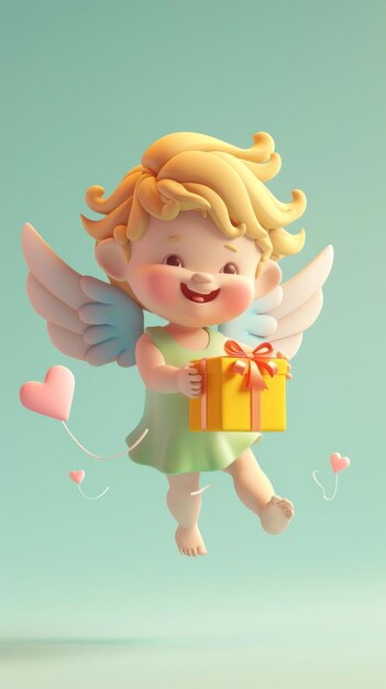 Valentine 3D cartoon Cupido greep geschenkdoos geïsoleerd op effen achtergrond