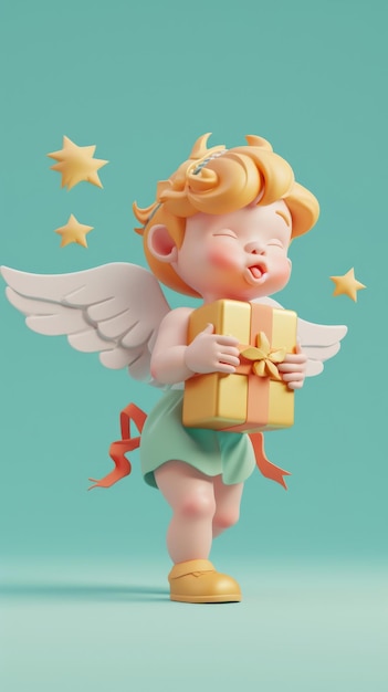 Valentine 3D cartoon Cupido greep geschenkdoos geïsoleerd op effen achtergrond