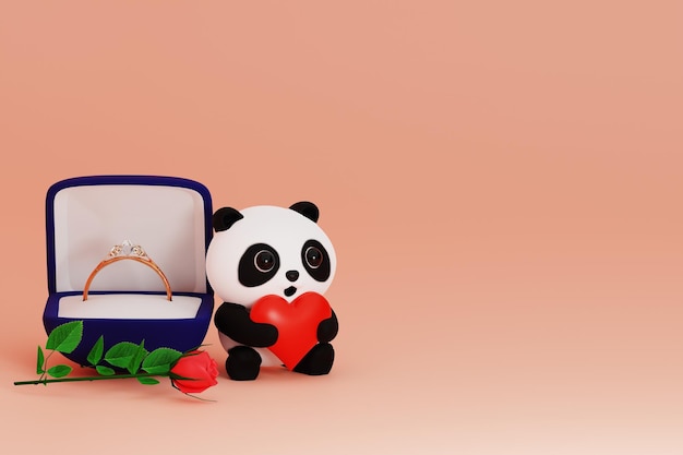 Valentine Achtergrond met schattige panda met een hart met diamanten ring in blauwe doos 3d