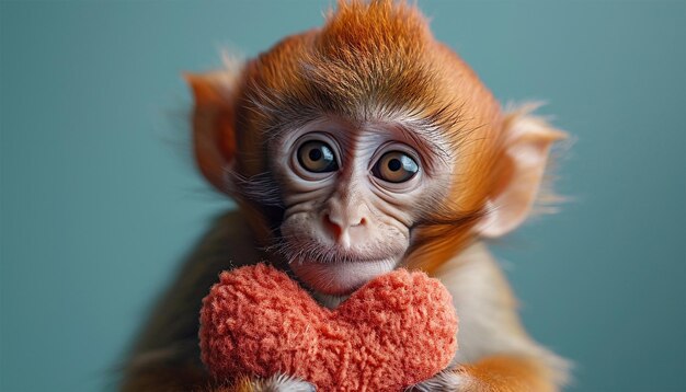 Valentine background Cute monkey chimpanzee holding red heart Pastel green background Happy monkey