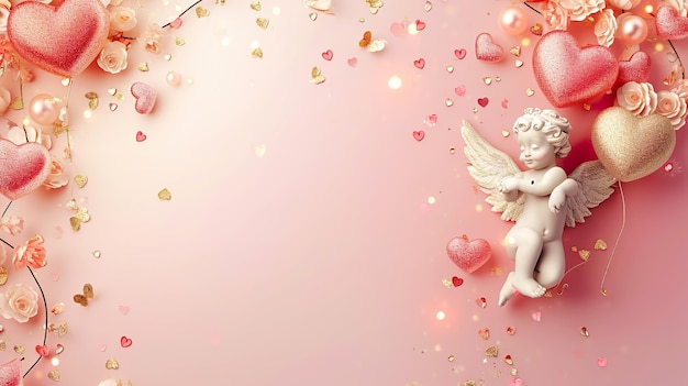 Photo valentine background with angel cupid hearts and confetti