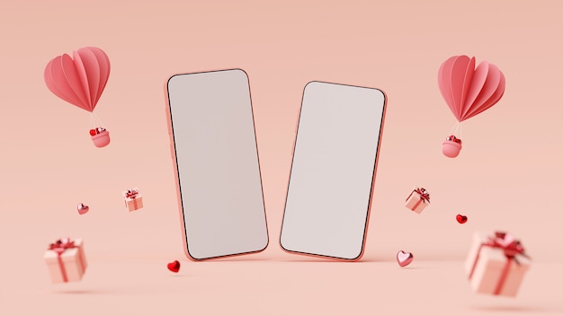 Valentine banner achtergrond van smartphone met geschenkdoos en hart vorm ballon 3D-rendering