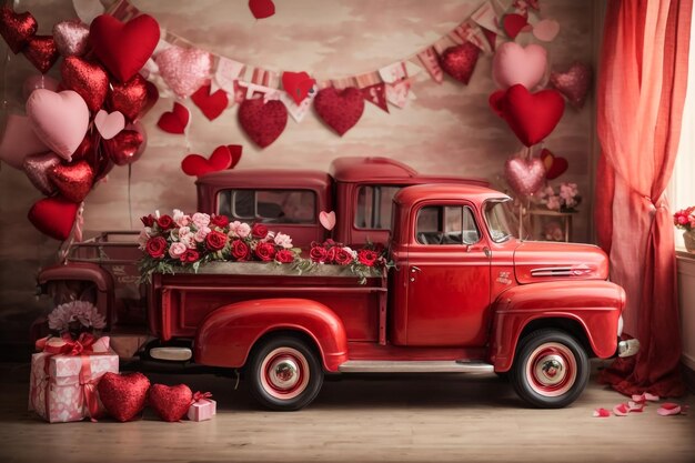 Foto valentine banner sullo sfondo di un camion pieno di palloncino a forma di cuore con scatola regalo rendering 3d