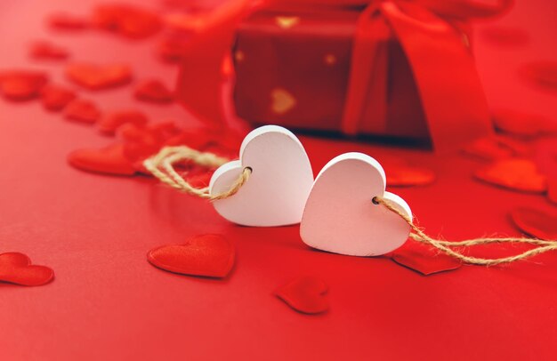 Valentine, beautiful red background with hearts. Selective focus.