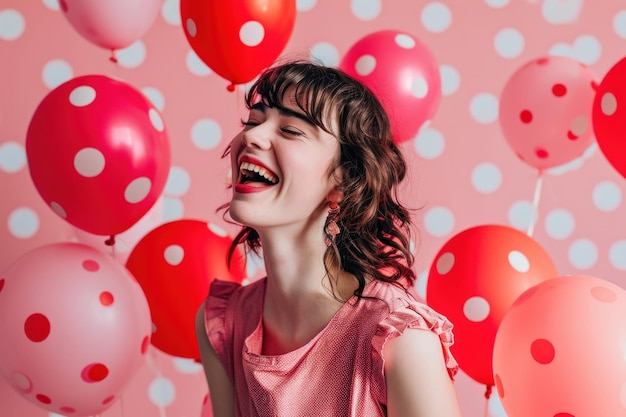 Valentine Beauty girl with red and pink air balloons laughing on pink polka dots background