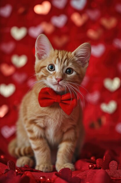 Photo valentine card with cute kitten funny kitten for valentines day with hearts and flowers copy space