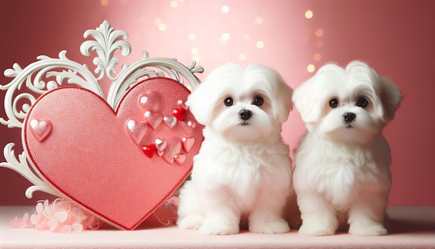 Photo valentine card with hearts two white dwarf maltese bolognese dogs on a pastel background with bokeh