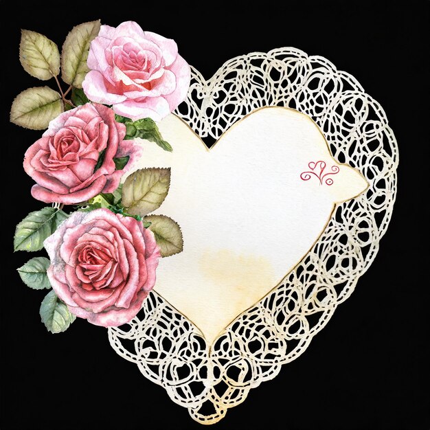 Photo valentine card with lace and roses on a black background