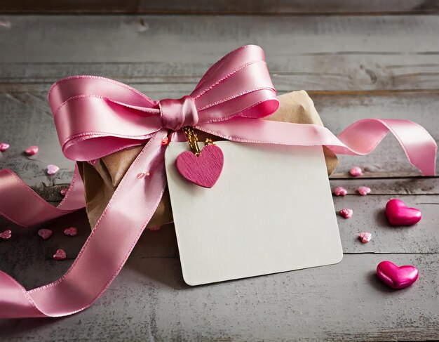 Photo valentine card with a pink bow and a blank tag