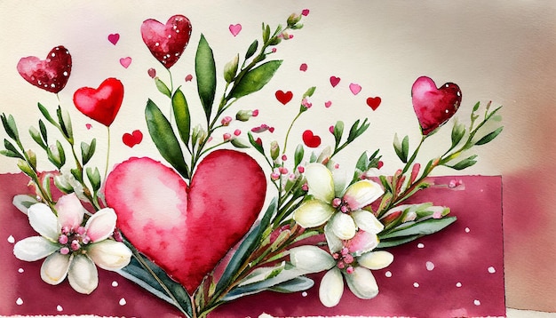 Photo valentine card with waxflower and hearts watercolor hand drawn illustration