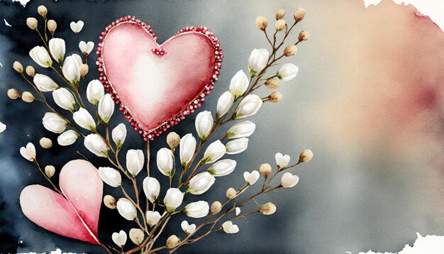 valentine card with waxflower and hearts watercolor hand drawn illustration