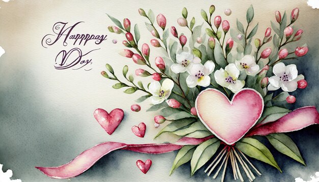 Photo valentine card with waxflower and hearts watercolor hand drawn illustration