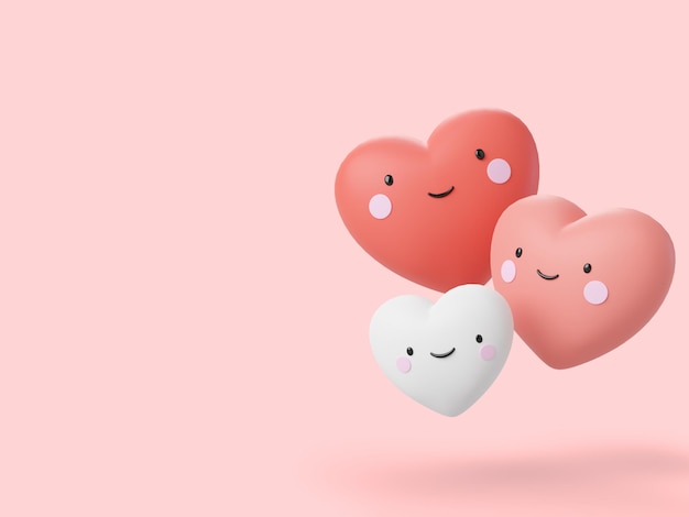 San valentino concetto stile cartone animato cuore famiglia su sfondo rosa 3d rendering