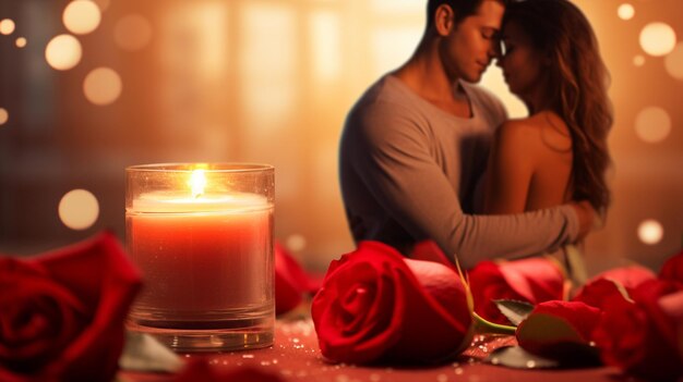 Photo valentine concept red roses and candles on the background of people in love