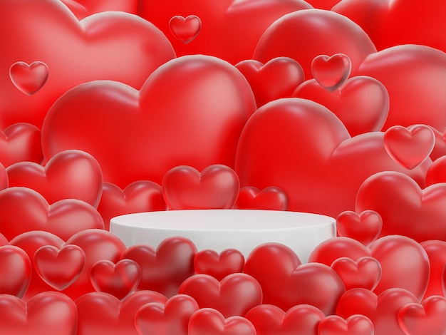 Valentine concept white display podium surrounded with lots of red hearts of various sizes 3d render