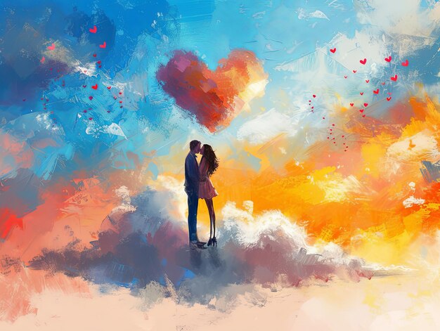 Valentine couple kiss on the cloud painting style