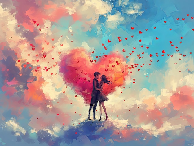 Valentine couple kiss on the cloud painting style