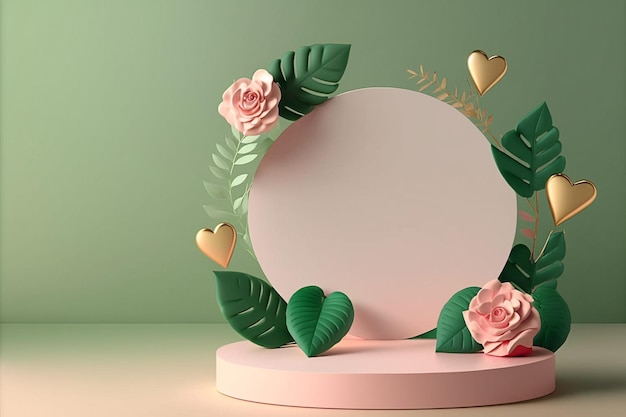 Valentine-dag 3D-podium voor productweergave roze roze bloemen met achtergrond. Minimaal voetstuk voor schoonheid, vrouwelijke kopieerruimtesjabloon creëren met generatieve ai-technologie.