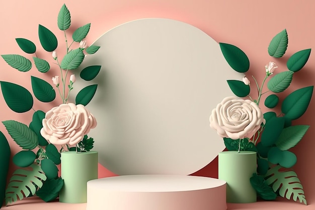 Valentine-dag 3D-podium voor productweergave roze roze bloemen met achtergrond. Minimaal voetstuk voor schoonheid, vrouwelijke kopieerruimtesjabloon creëren met generatieve ai-technologie.