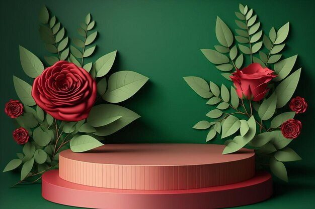 Valentine-dag 3D-podium voor productweergave roze roze bloemen met achtergrond. Minimaal voetstuk voor schoonheid, vrouwelijke kopieerruimtesjabloon creëren met generatieve ai-technologie.