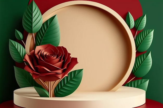 Valentine-dag 3D-podium voor productweergave roze roze bloemen met achtergrond. Minimaal voetstuk voor schoonheid, vrouwelijke kopieerruimtesjabloon creëren met generatieve ai-technologie.