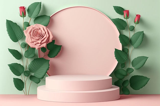 製品用のバレンタインデーの3D表彰台には、背景にピンクのバラの花が表示されます。美しさのための最小限の台座、生成 AI テクノロジーを使用したフェミニンなコピー スペース テンプレート。
