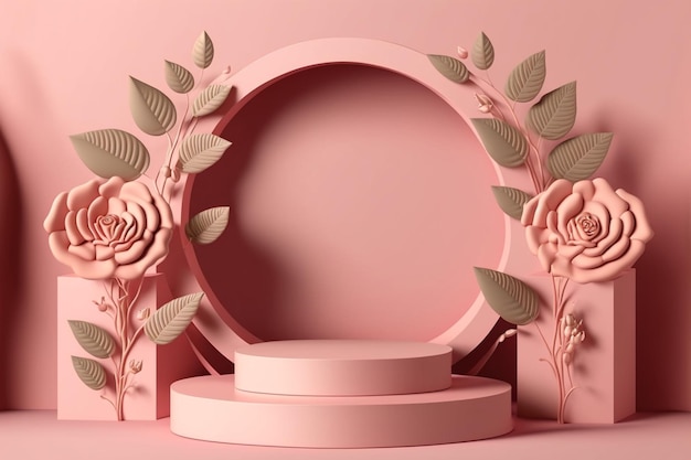 Valentine day 3D podium for product display pink rose flowers with background. Minimal pedestal for beauty, feminine copy space template create with generative ai technology.