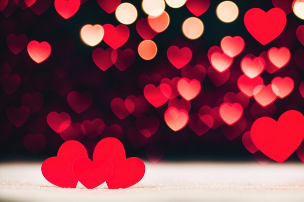 Valentine day background or greeting card with two red hearts against festive lights Generative AI