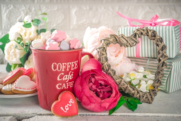 Valentine day background with Peony Flowers and Hot Chocolate