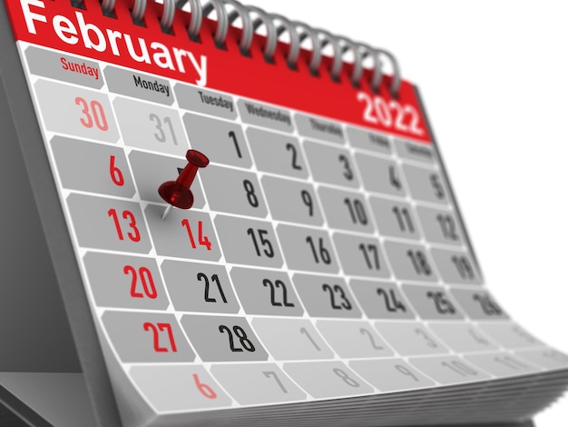 Valentine day. Calendar for February. Isolated 3D illustration