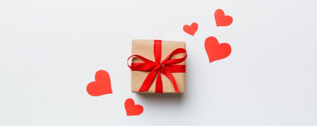 valentine day composition background red gift box with bow and heart christmas present view from above holday greeting card