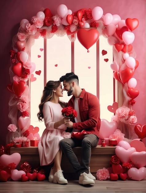 Photo valentine day couples with red heart and romantic atmosphere