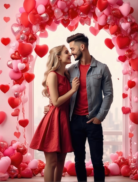 День святого Валентина пары с красным сердцем и романтической атмосферой