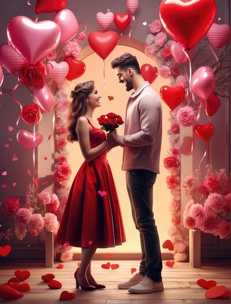 バレンタインデー 赤い心とロマンチックな囲気のカップル