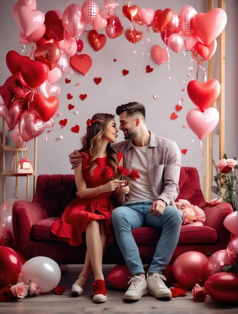 Photo valentine day couples with red heart and romantic atmosphere