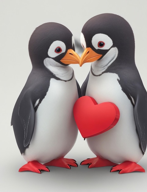 バレンタインの日、白い背景に赤いハートを保持しているかわいい 2 つのペンギン