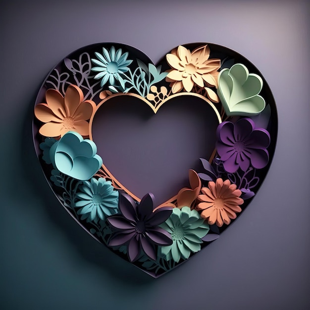 Valentine day frame Frame of flowers in the shape of a heart Copy space Generative AI